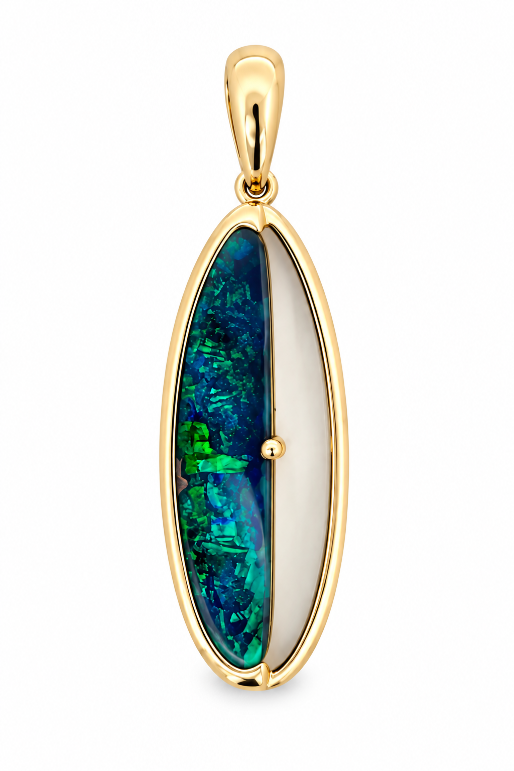 14ct yellow gold pendant featuring a 4.49ct solid opal with vivid blue green and teal color