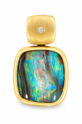 14ct yellow gold pendant featuring a 5.65ct solid boulder opal with brushed gold bail and 0.013ct diamond