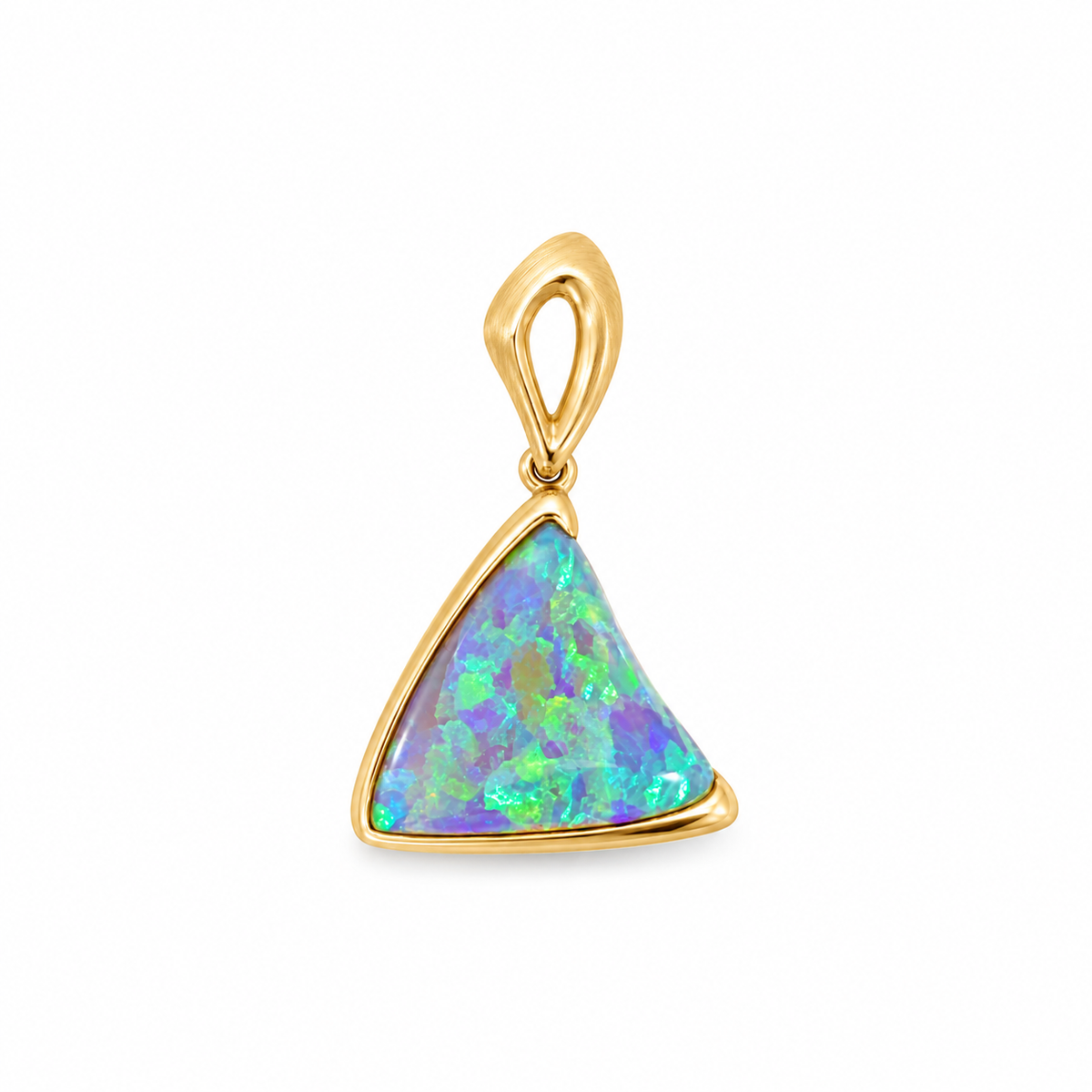 14ct yellow gold pendant featuring a 5ct solid Mintabie opal with vivid green blue aqua and violet play of colour