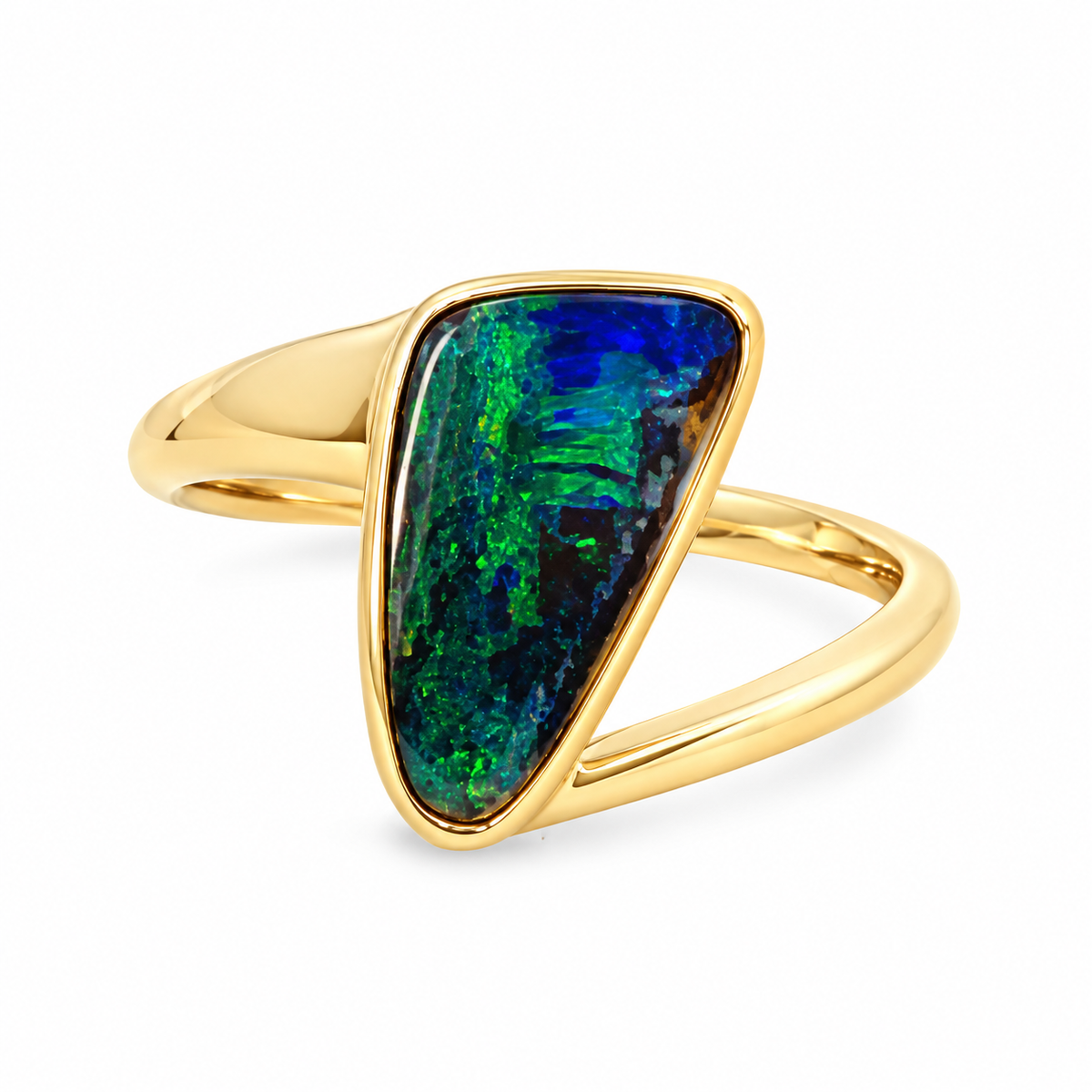 14ct yellow gold ring with a solid Queensland boulder opal displaying vivid blue and green colours