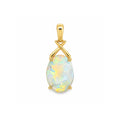 14ct yellow gold pendant featuring an oval solid opal with luminous yellow, green and blue play of colour and an elegant crossed gold setting.