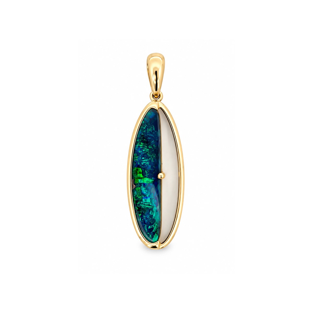 14ct yellow gold pendant featuring an elongated solid opal with vivid blue, green and turquoise colour in a contemporary gold setting.