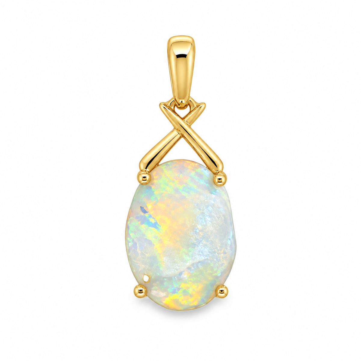 14ct yellow gold solid opal pendant with an oval natural opal displaying soft green yellow blue and peach colours