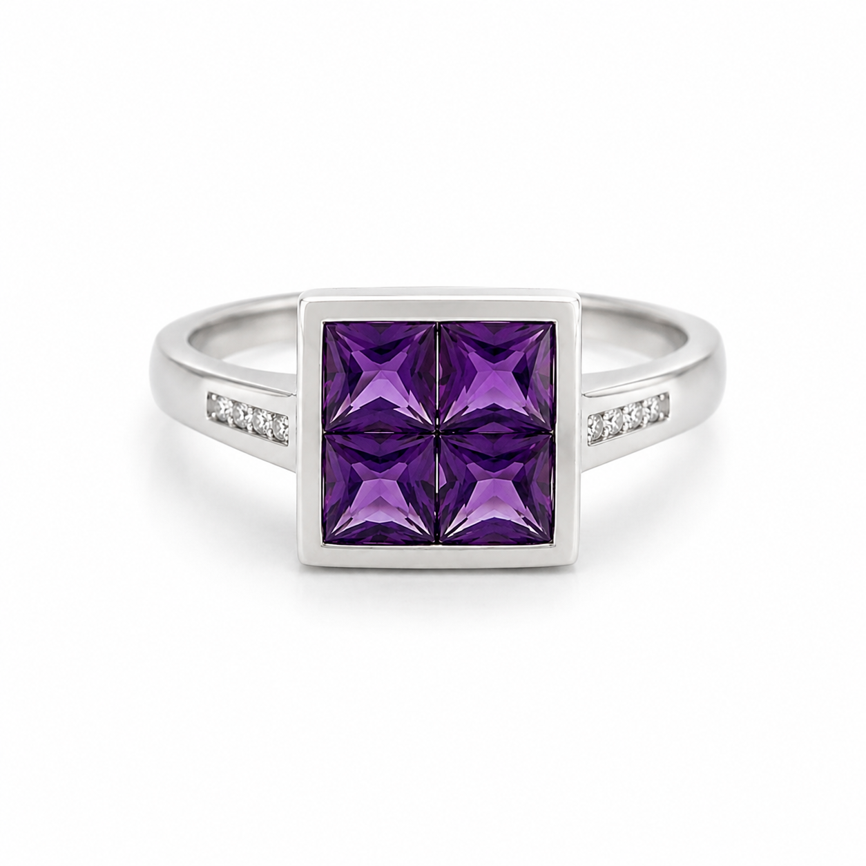 14k white gold ring with four square purple amethysts arranged in a geometric setting on a white backround