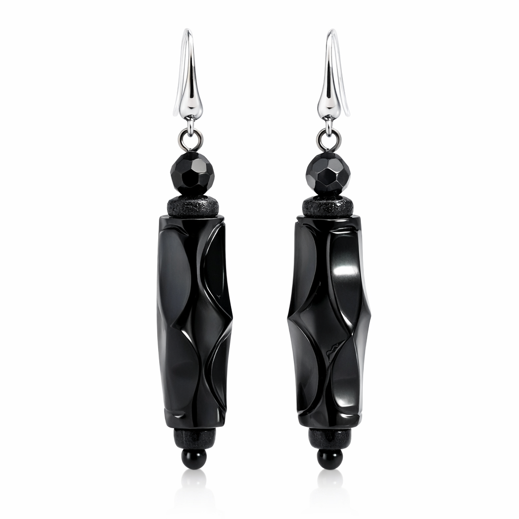 Carved Jet Drop Earrings In Sterling Silver