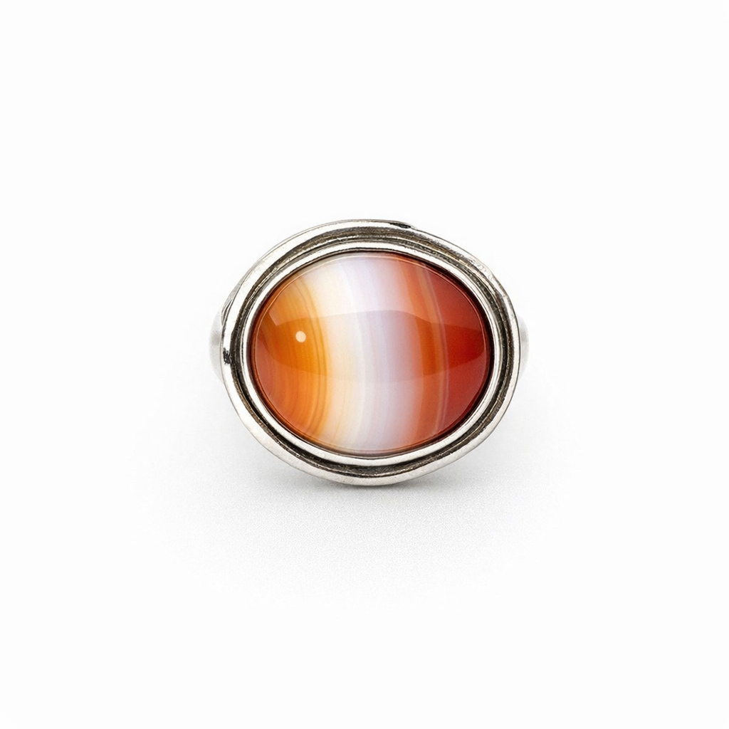 Silver Banded Cabochon Agate &amp; Carnelian Ring