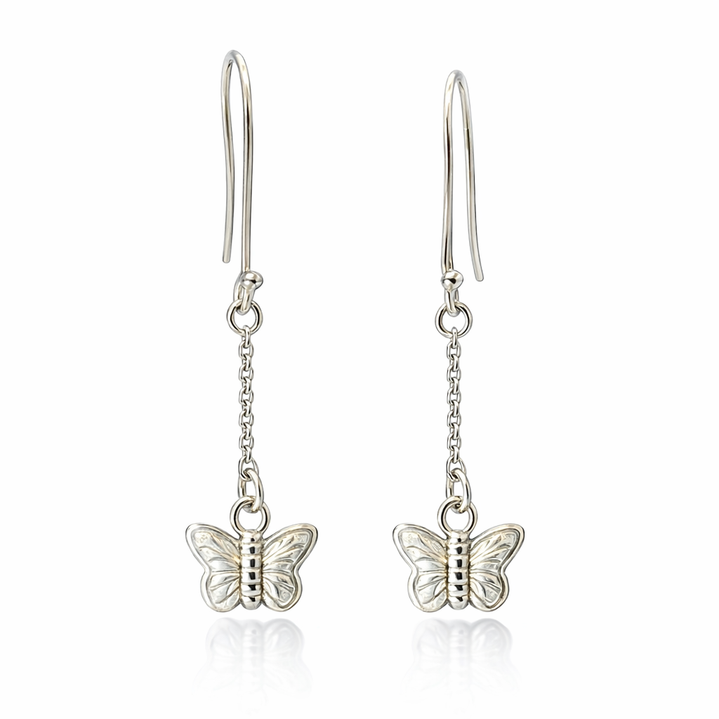 Butterfly Drops On Chain Earrings In Sterling Silver