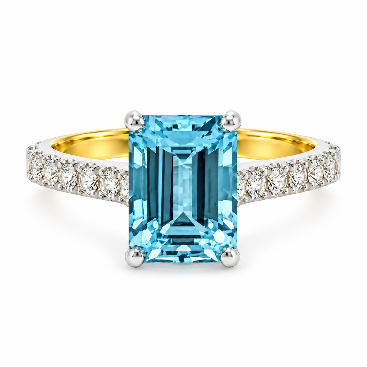 18ct yellow gold and platinum ring featuring a 2.76ct emerald-cut aquamarine with 0.45ct diamond-set shoulders