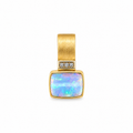18ct yellow gold South Australian solid crystal opal pendant with brushed gold bail and three diamonds