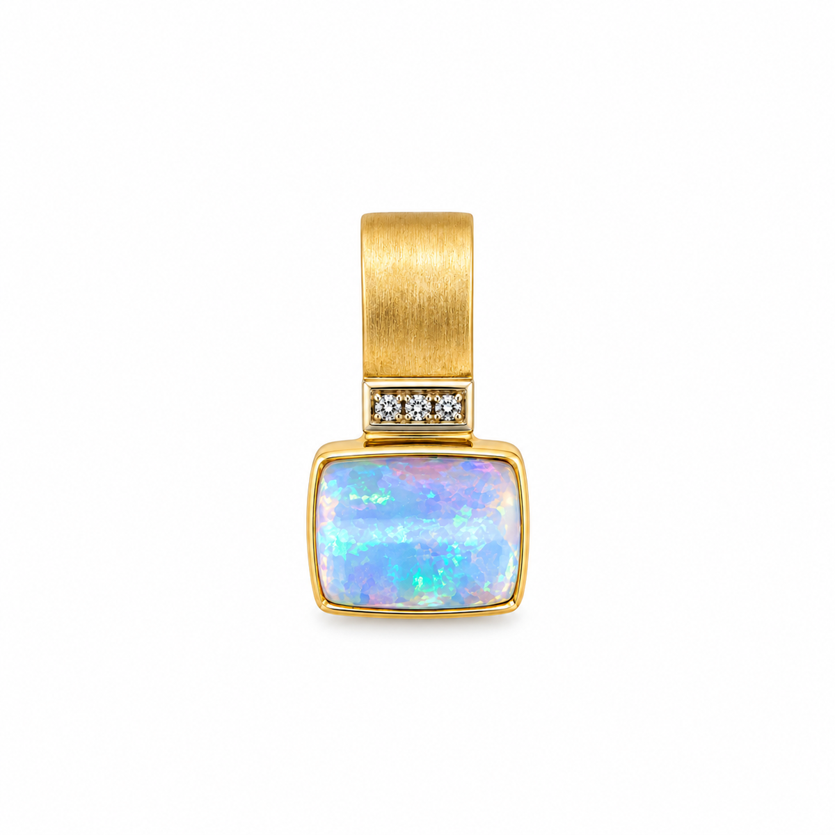 18ct yellow gold South Australian solid crystal opal pendant with brushed gold bail and three diamonds