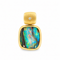 18ct yellow gold pendant featuring a 5.645ct solid boulder opal with brushed gold bail and 0.013ct diamond