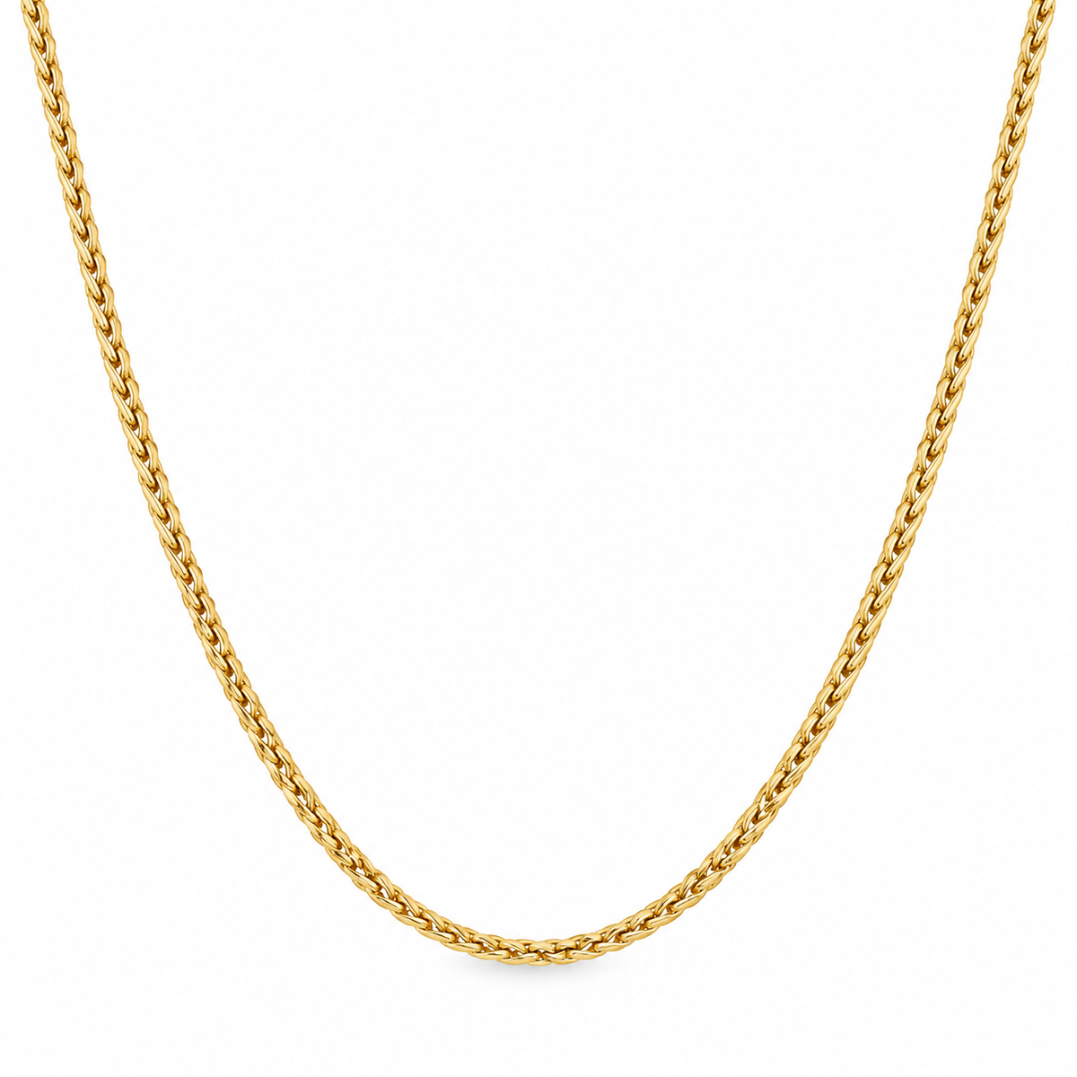 18ct yellow gold wheat chain necklace, 40cm in length, featuring finely interwoven polished gold links, by Jules Collins Jewellery.