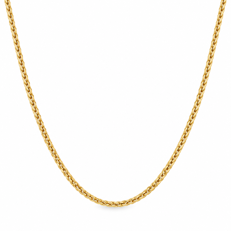 18ct yellow gold wheat chain necklace, 40cm in length, featuring finely interwoven polished gold links, by Jules Collins Jewellery.