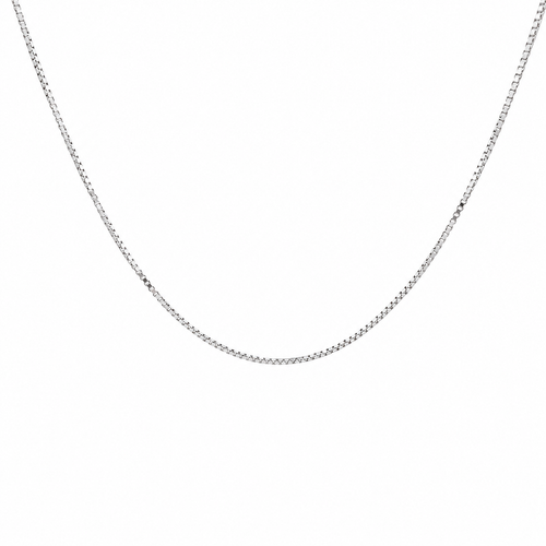 18k white gold box chain necklace, 45cm long and 8.06g, displayed on a white background