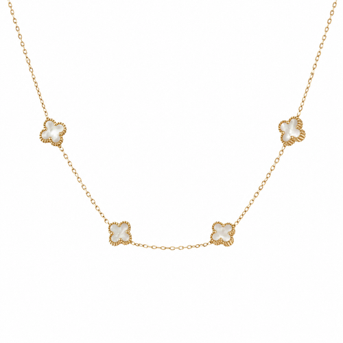 18k yellow gold necklace with four white flower-shaped motifs on a fine chain against a white background