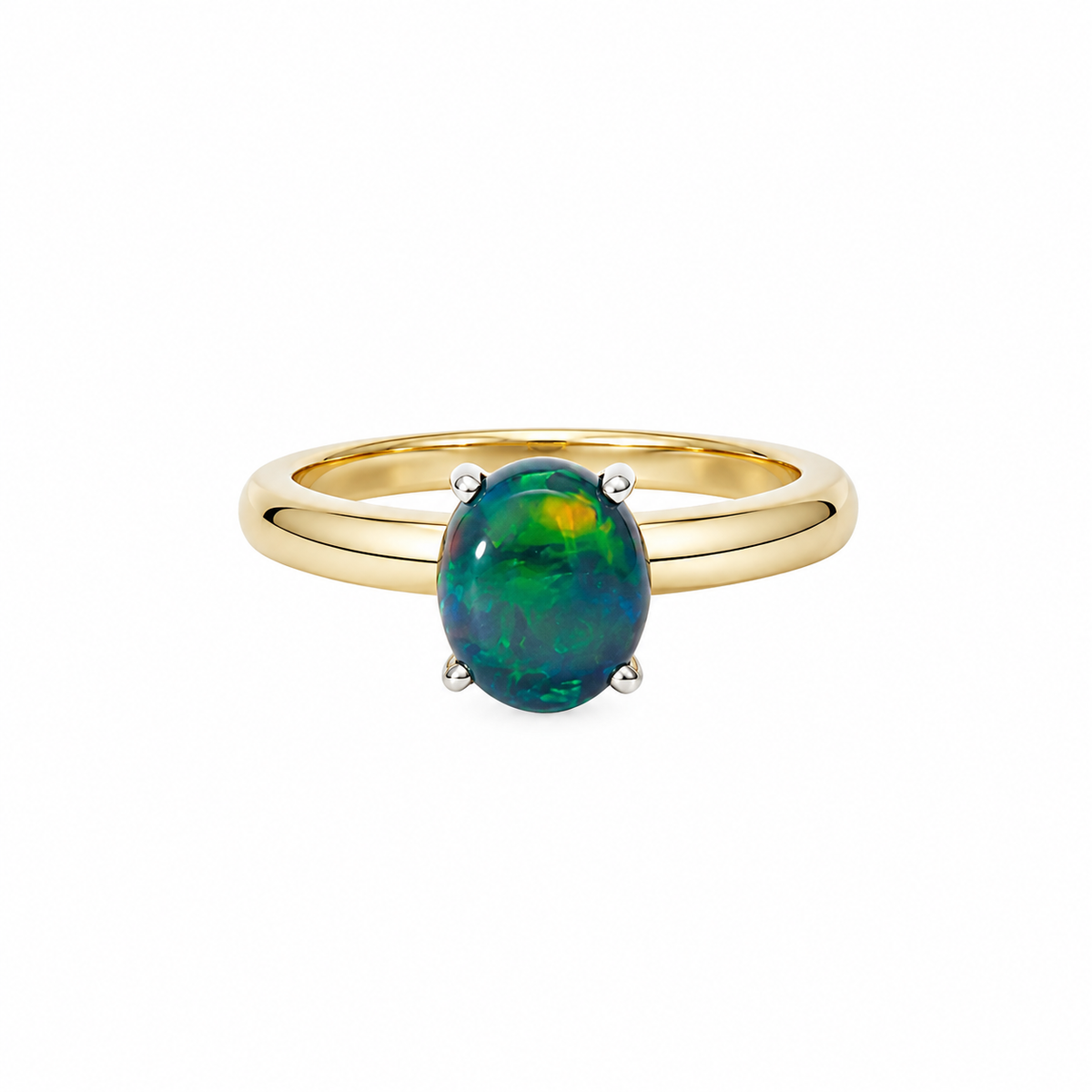 18k yellow gold ring with a 2.04 ct oval solid opal in a platinum claw setting on a white background