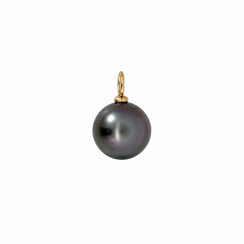Tahitian pearl pendant with an 18k yellow gold bail on a white background