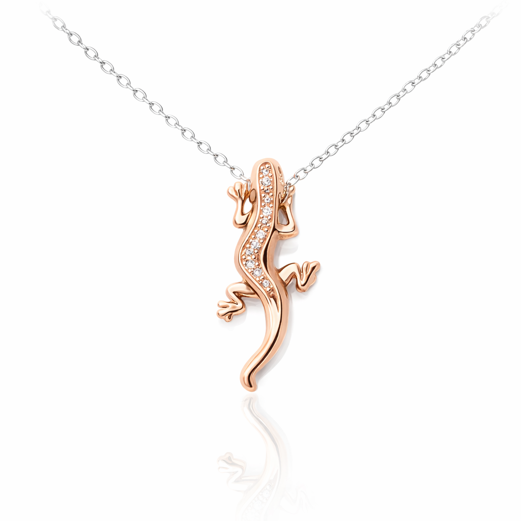 Petals Gecko Necklace "Stay Strong..." In Silver Plate