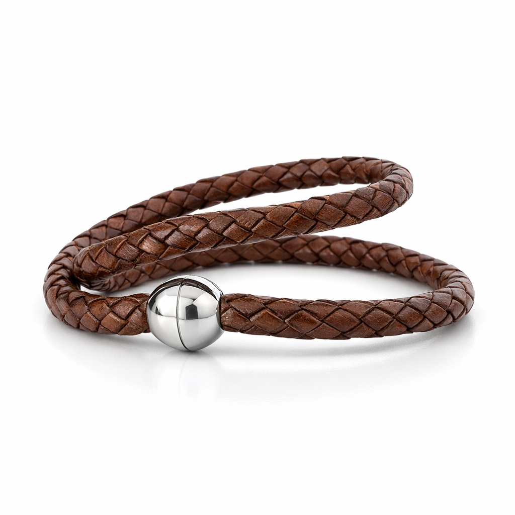 Mens Leather Wrap Bracelet With Stainless Steel Clasp