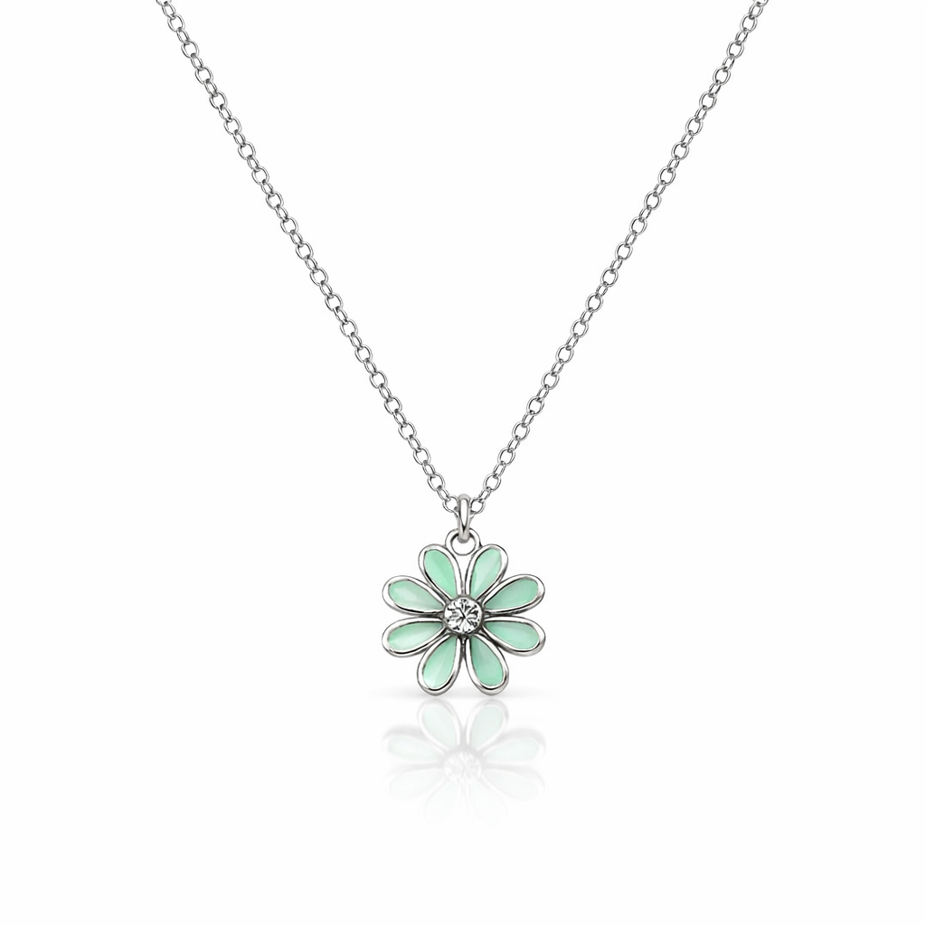 Green Enamel Daisy Necklace In Sterling Silver