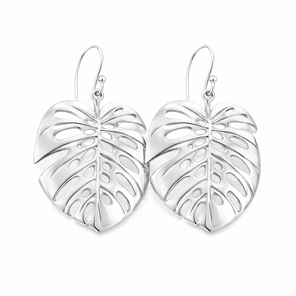 Silver Monstera Palm Earrings Medium