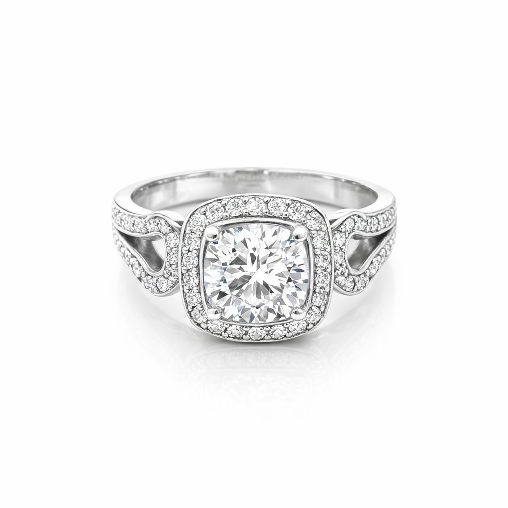 Cubic Zirconia Ring In Silver With CZ Halo And Band
