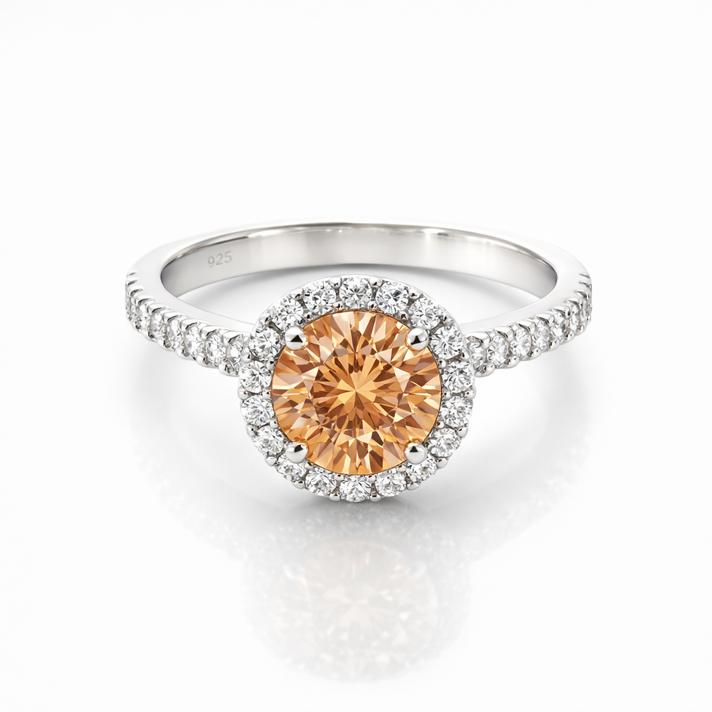 Ring With Apricot Cubic Zirconia And Halo In Silver