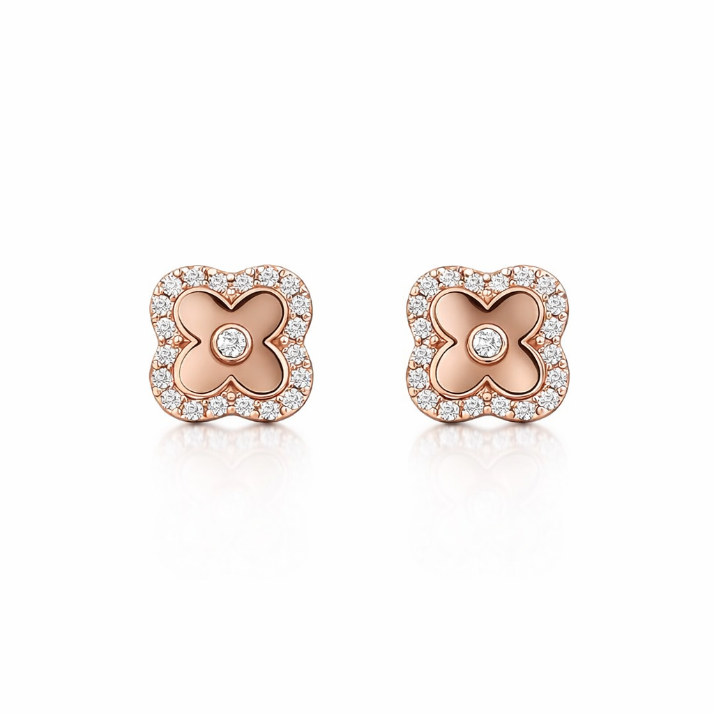 Rose Gold Plated Flower Studs with Cubic Halo