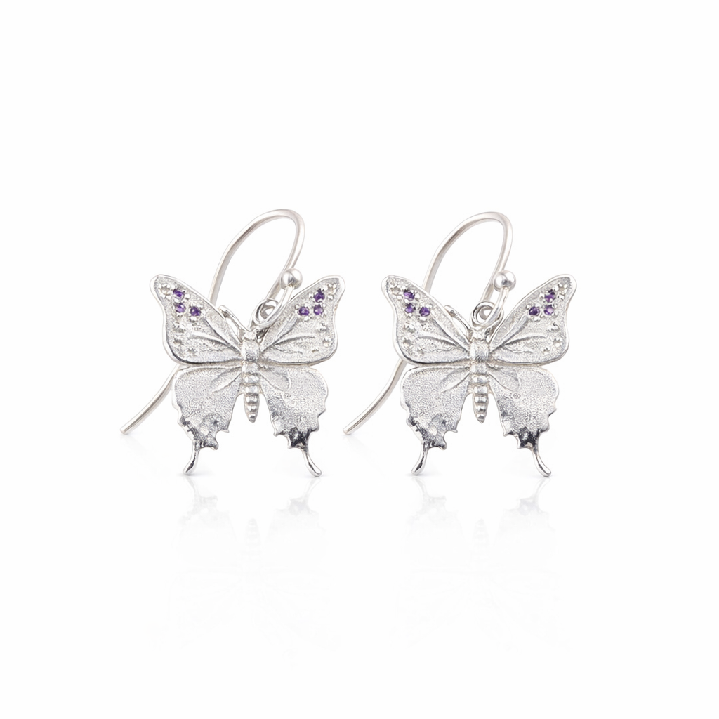 Silver Purple Spotted Swallowtail Butterfly Earrings