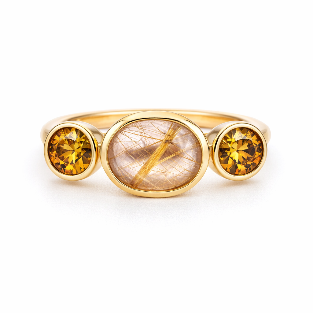 Rutilated Quartz &amp; Grossular Garnet Ring In 18ct