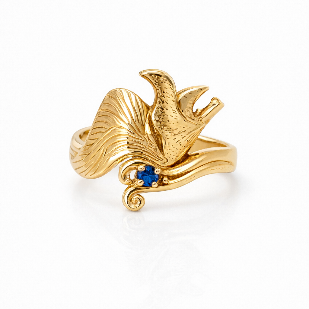 Bird Of Paradise 9K Gold Ring Set With A Sapphire