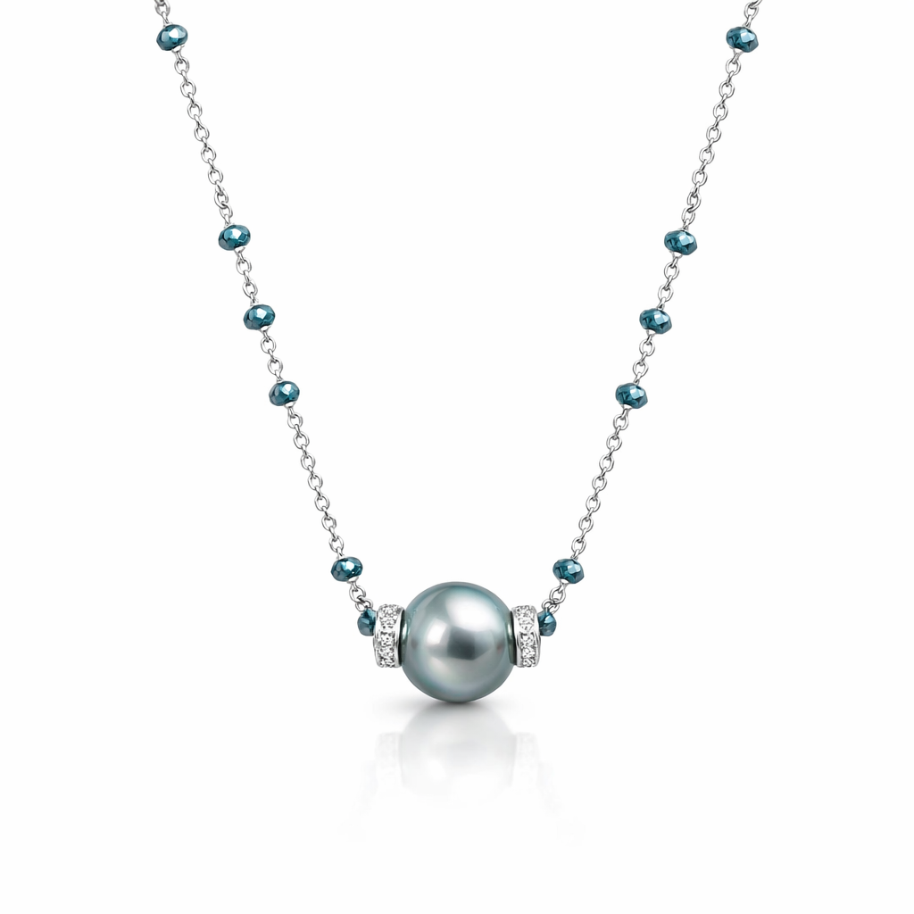 Blue Diamond And Tahitian Pearl 9K Necklace