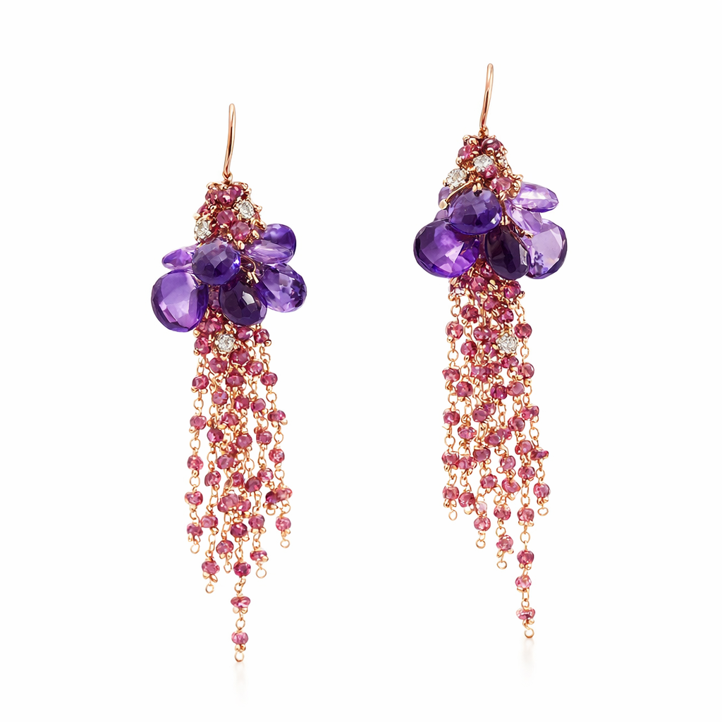 Amethyst Tourmaline Diamond Earrings | 18K Rose Gold