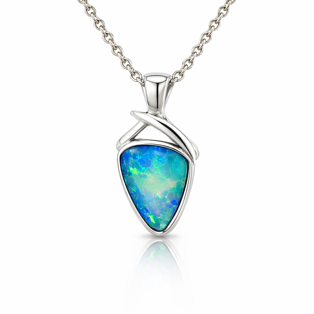 Vibrant Aqua Green Doublet Opal Silver Pendant Silver