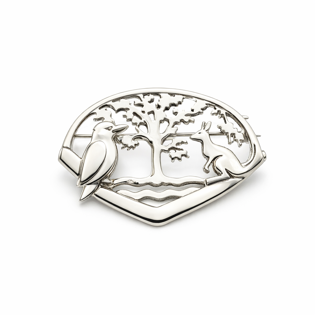 Kangaroo Kookaburra Gumtree Silver Brooch