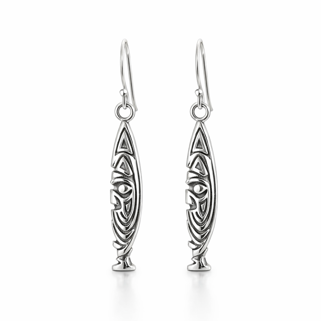 Tribal Sepik Flute Mask Earrings In Silver
