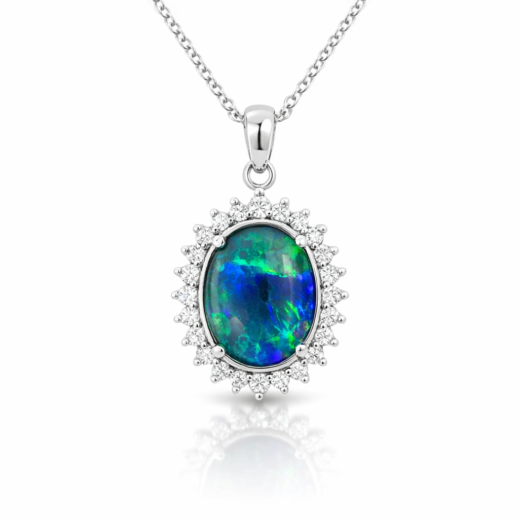 Opal Pendant | Triplet In Silver With CZ Halo