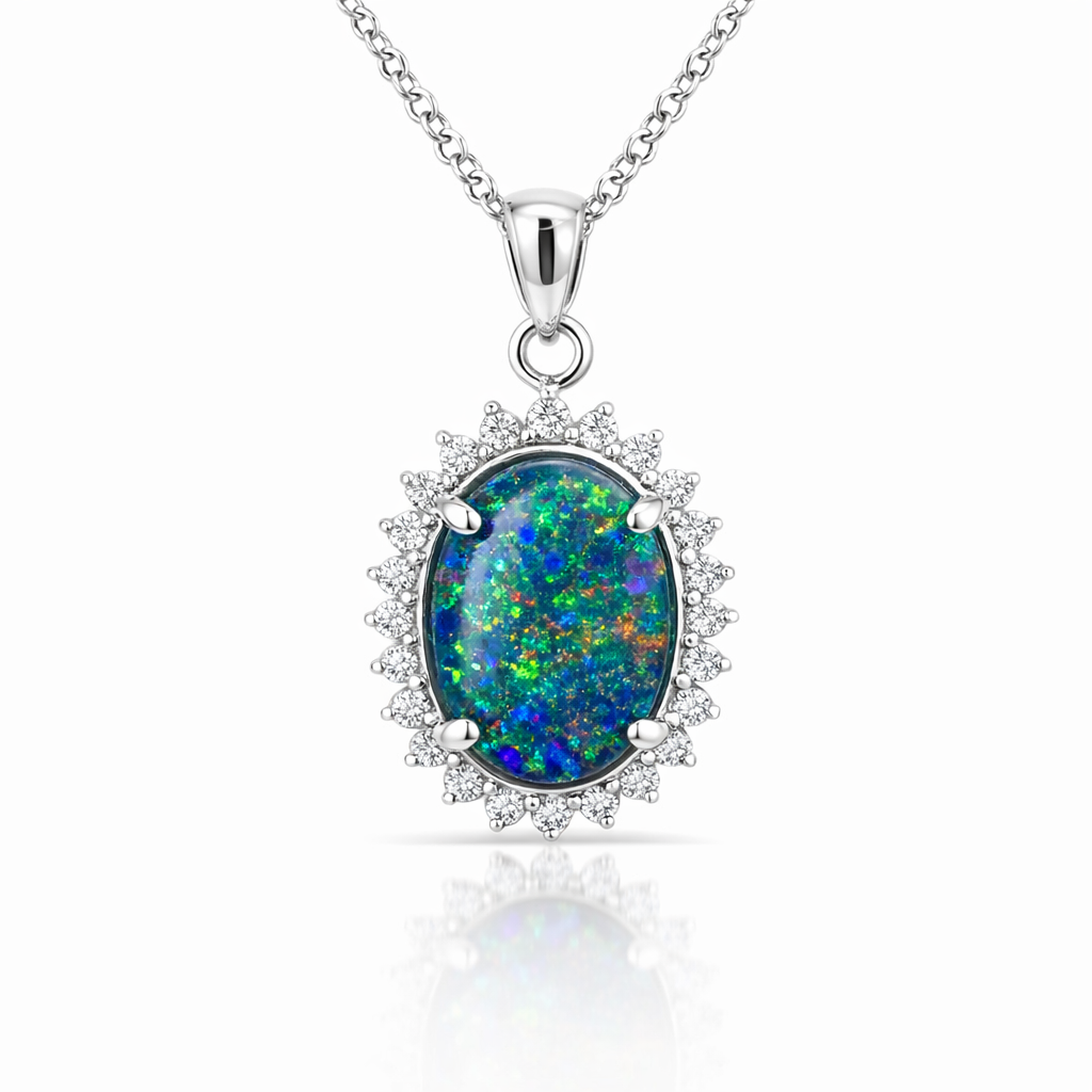 Opal Triplet And CZ Halo Pendant | Silver