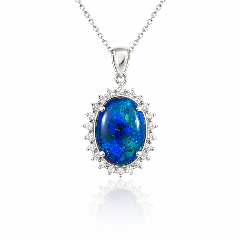 Opal Pendant | Triplet In Silver With CZ Halo