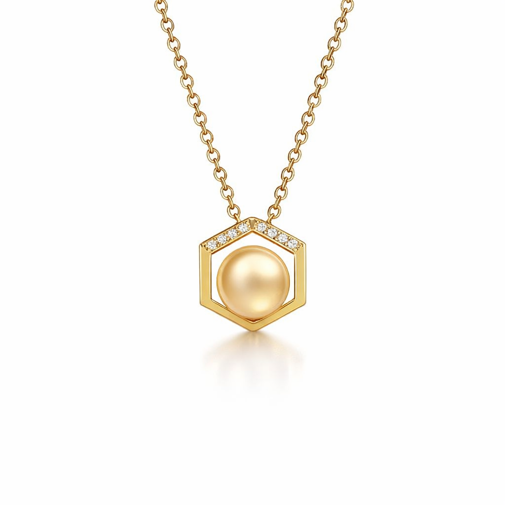 South Sea Pearl Pendant In Hexagonal Frame With Diamond Detail 14K