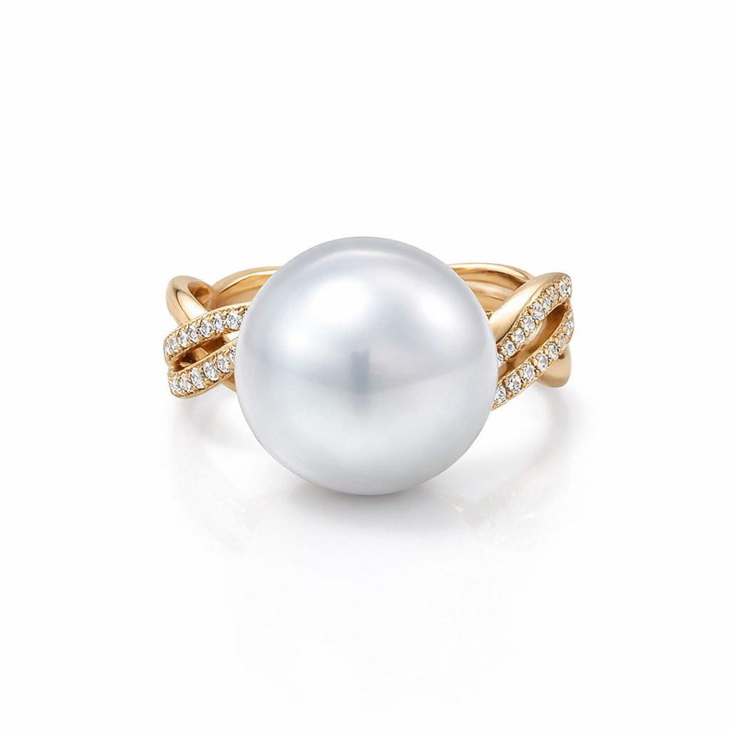 South Sea Pearl With Twisted Diamond Band In 18K