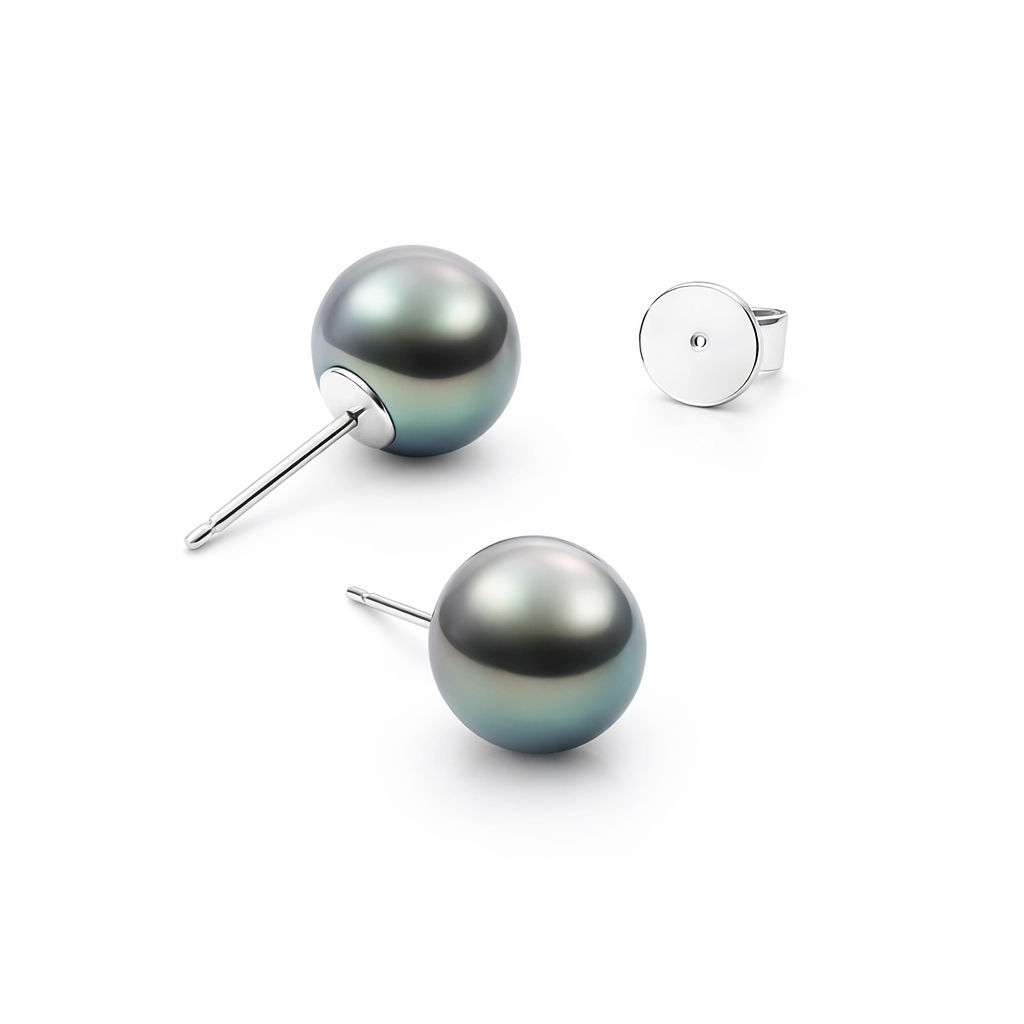 Tahitian Pearl Stud Earrings In 14K White Gold