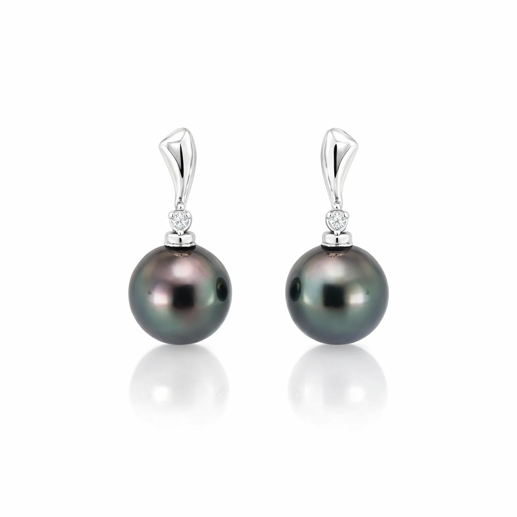 Tahitian Pearl &amp; Diamond Earrings In 18K White Gold