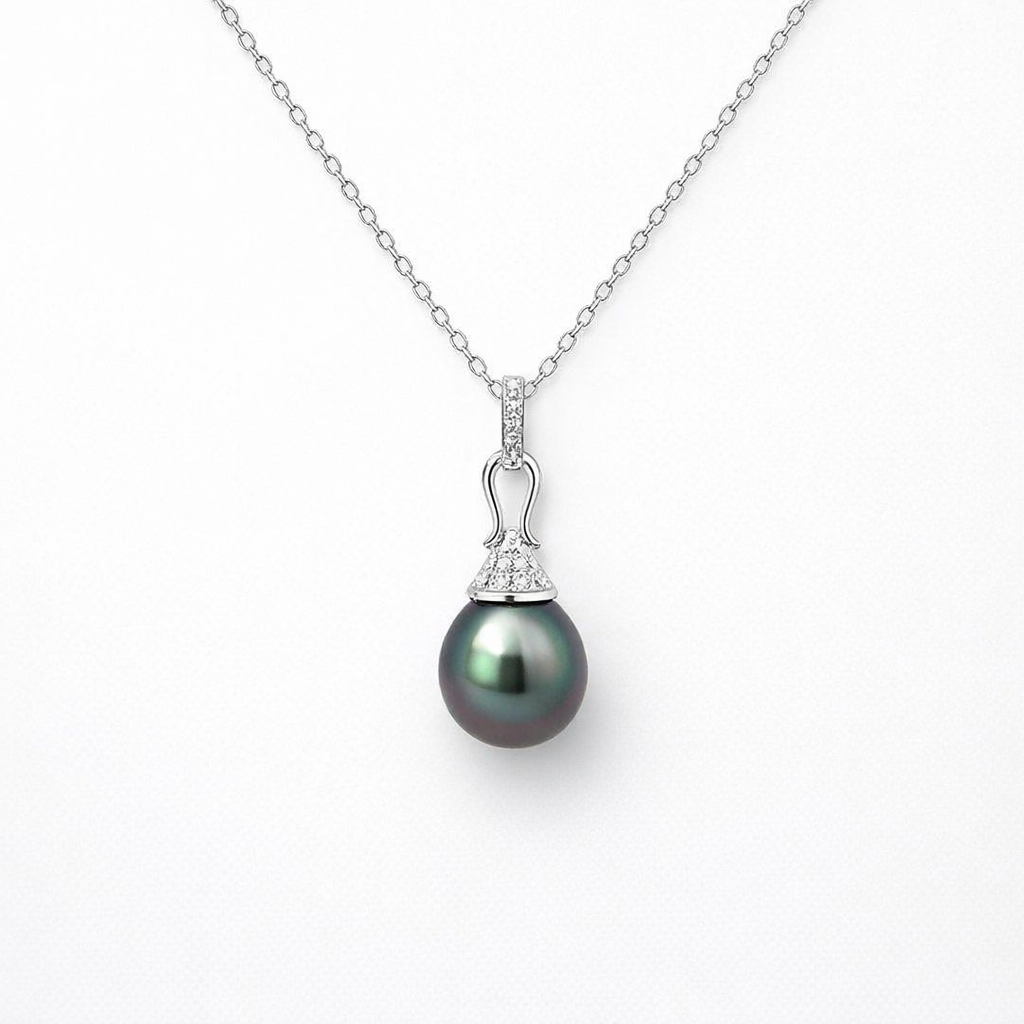 Inky Tahitian Pearl Pendant With Diamond Detail Bail 18K