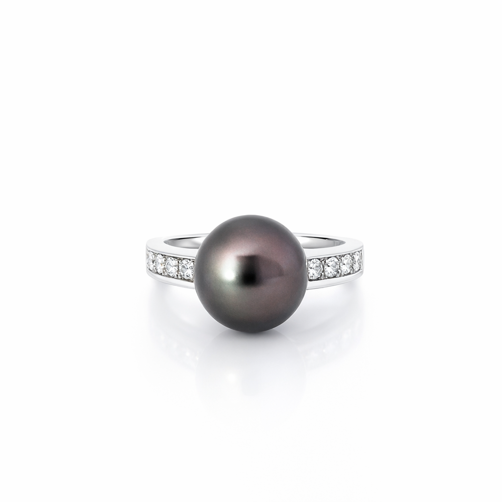 Tahitian Pearl &amp; Diamond Ring In 14K White Gold