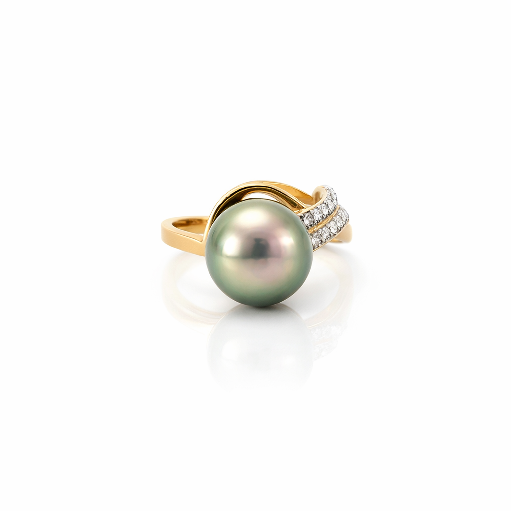 Tahitian Pearl &amp; Diamond Ring In 18ct Yellow Gold