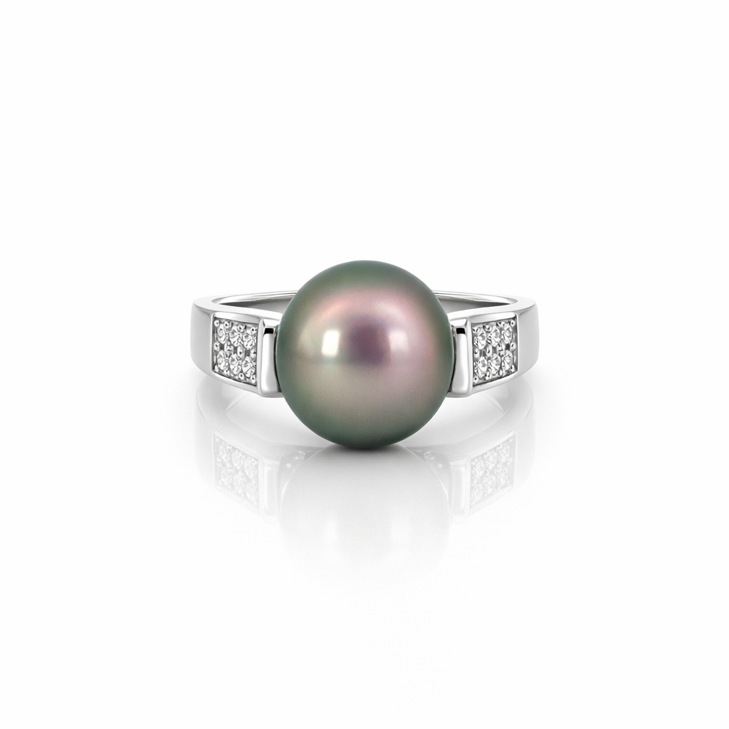 Tahitian Pearl &amp; Diamond Ring In 14K White Gold
