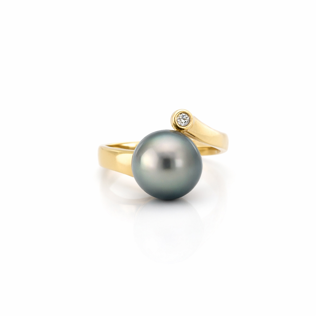 Tahitian Pearl &amp; Diamond Ring In 18ct Yellow Gold