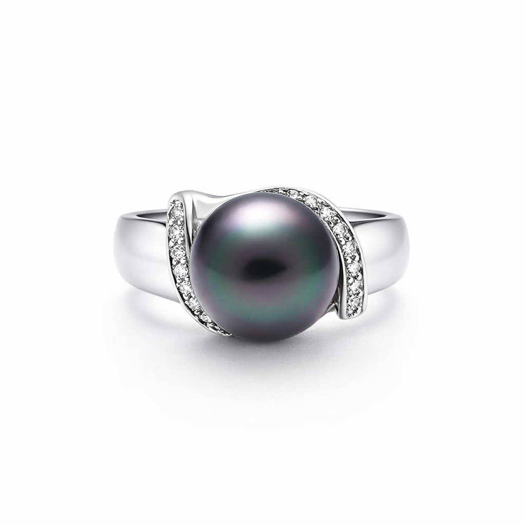 Tahitian Pearl &amp; Pave Diamond Ring In 18K WG