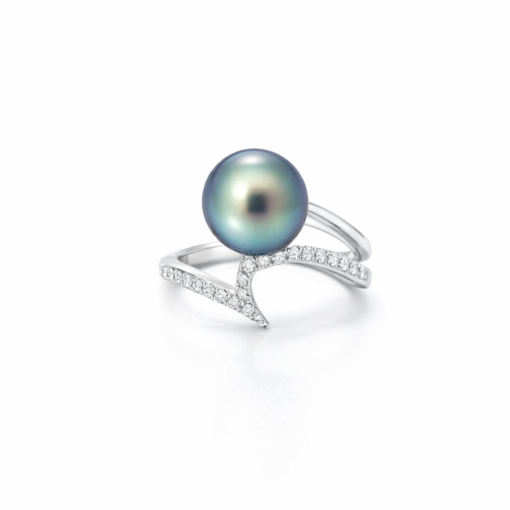 Tahitian Pearl &amp; Diamond Ring In 18K White Gold